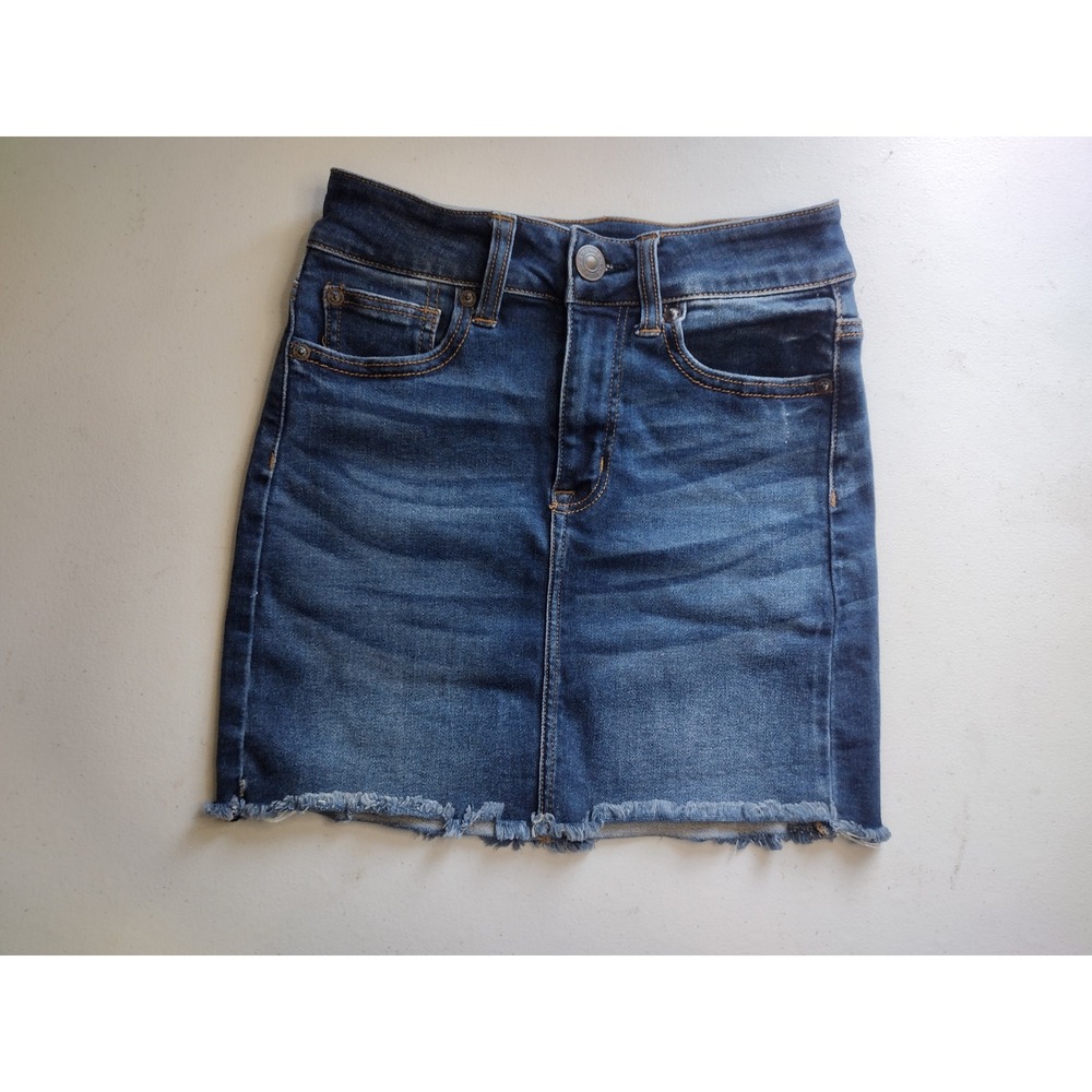 American Eagle Hi Rise Mini Denim Skirt Distressed Frayed Raw‎ Hem Blue Size 00